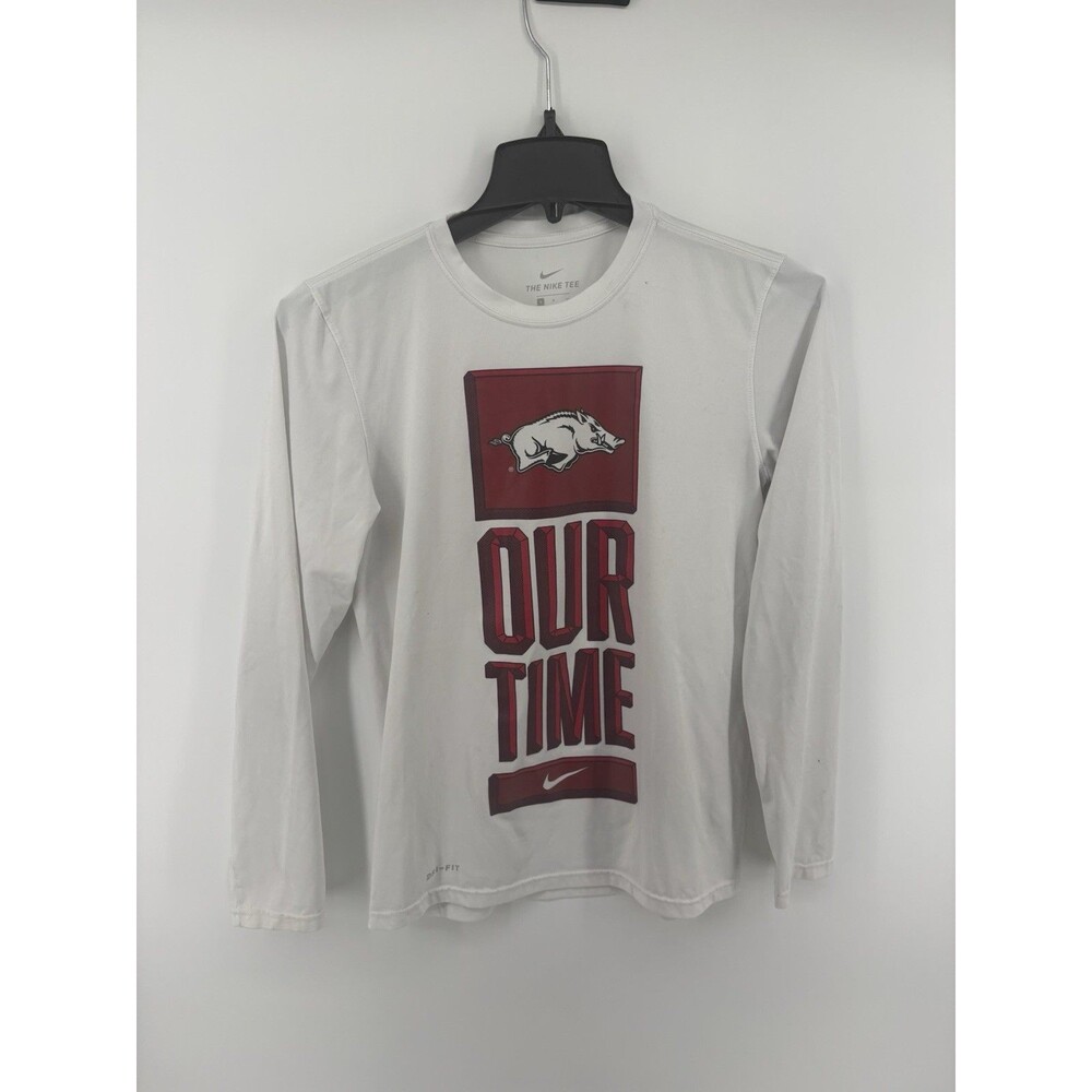The Nike Tee Dri-Fit Men’s White Arkansas Our Time Long Sleeve Size Small